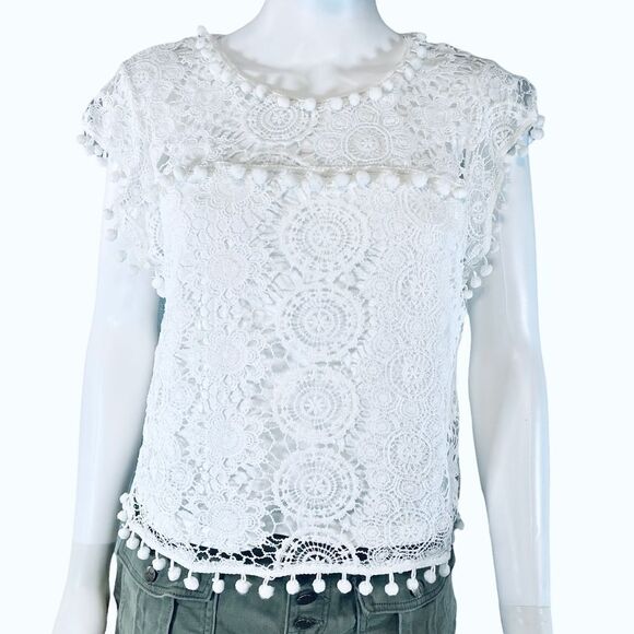 Tops - Lace Embroidered Short Sleeve Pom Pom Blouse White Coquette
